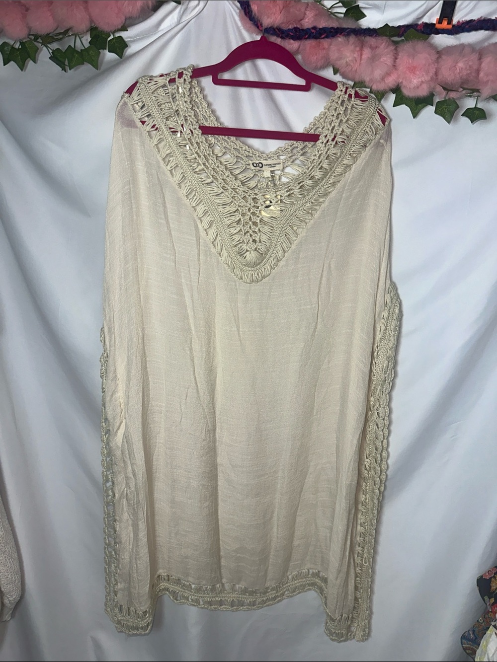 Crochet Trim Boho Tunic Top - Cream